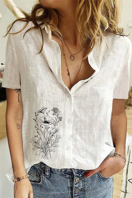 Women's Printed Linen Shirt Short Sleeve White 1342 - Shop at LoveMi
