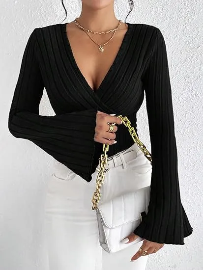 Women's Autumn And Winter Rib Sunken Stripe V neck Flared Slim fit Long Sleeve T shirt Elegant Women's Top Black - Shop at LoveMi