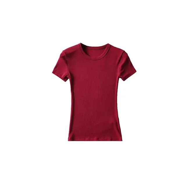 Basic Style Round Neck Tight Stretch Solid Color Short Sleeve T shirt Top Wine Red Common Style - Shop at LoveMi