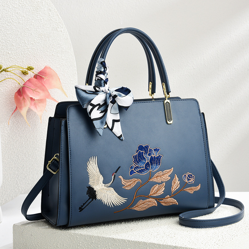 Womens New Chinese-Style National-Flair Embroidered Crane Fashion Crossbody Tote Bag