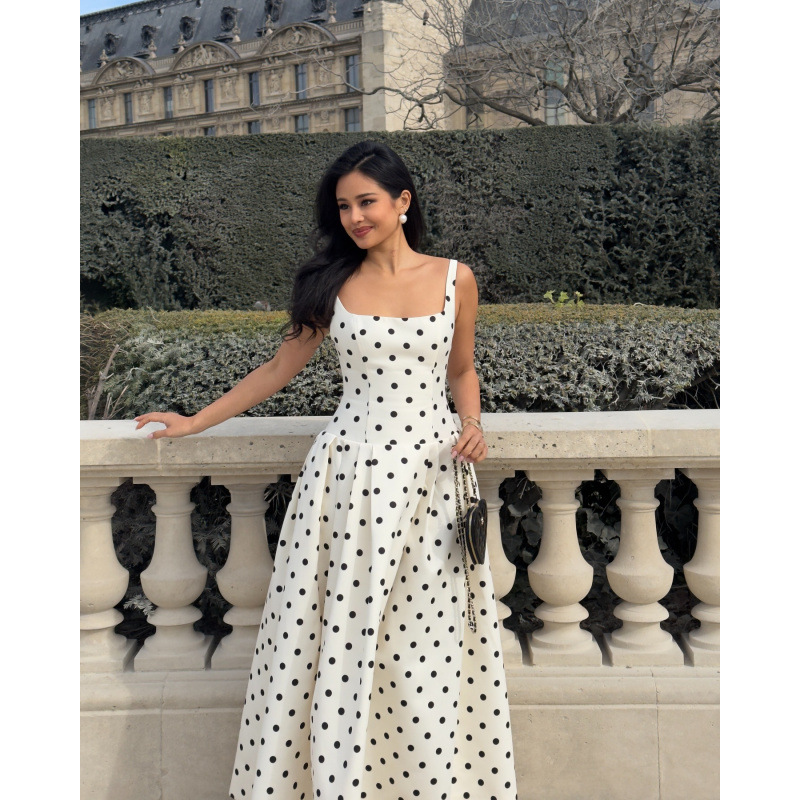 Square Collar Polka dot Cinched Pleated Large Swing Sling Dress Polka Dot - Shop at LoveMi