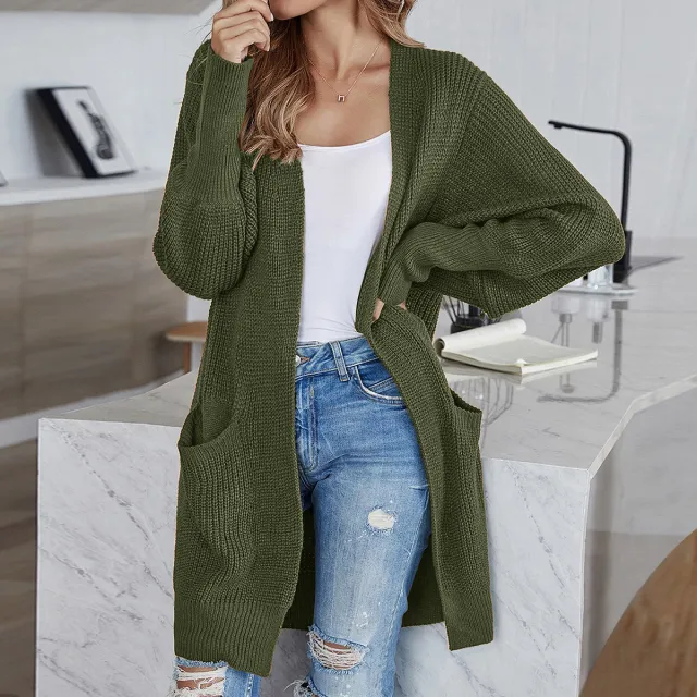 Women's Knitted Sweater Solid Color Pocket Cardigan Coat Army Green - Shop at LoveMi