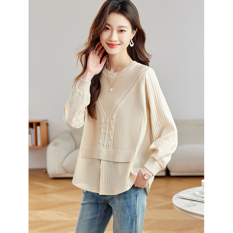 Fake Two-piece Shirt Spliced Long-sleeve Lightweight Knit For Women