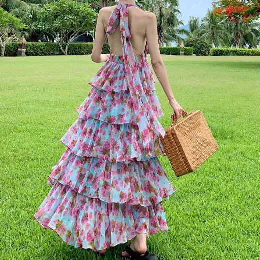 Elegant And Slimming Halter Neck Floral Dress With Backless Floral - Shop at LoveMi