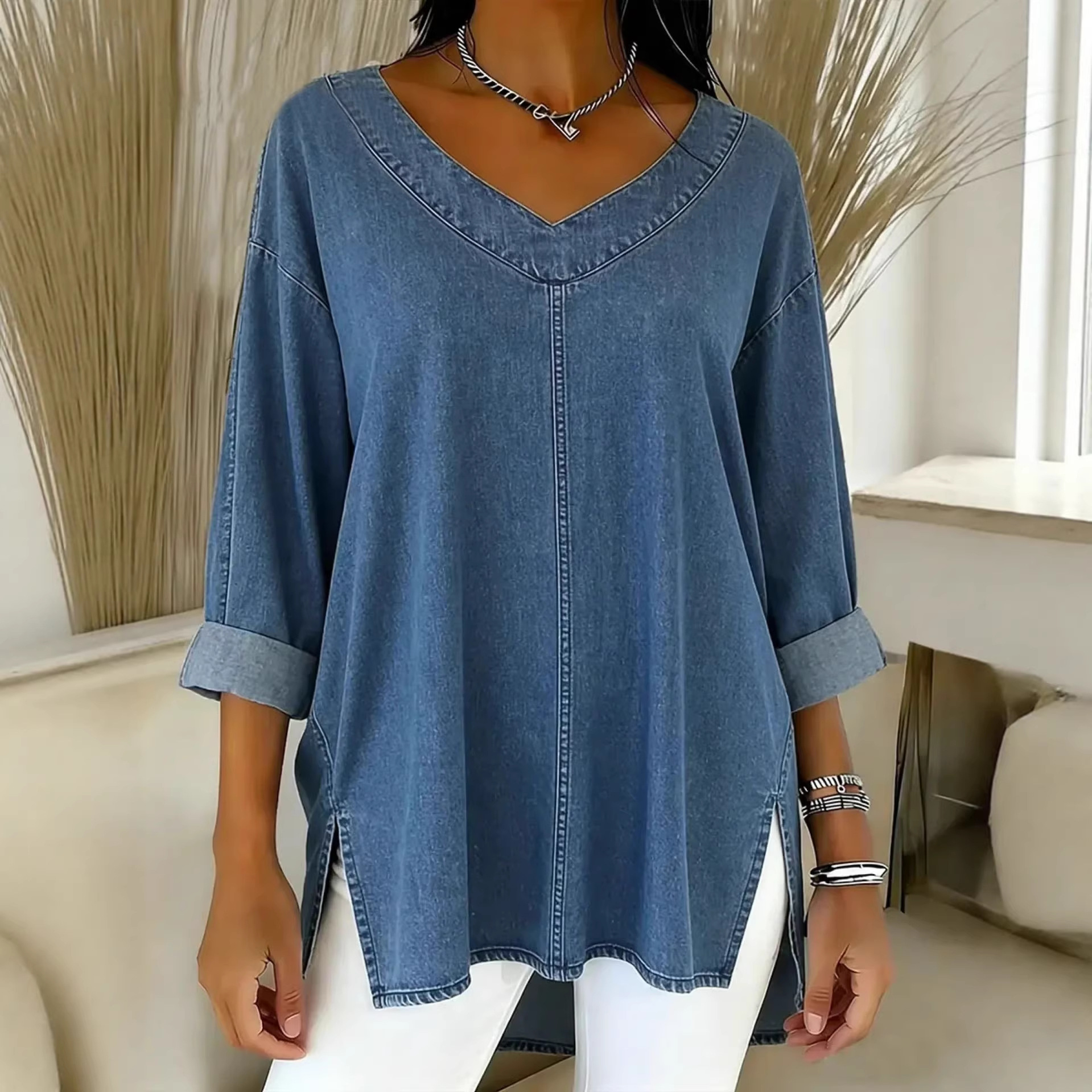 Female Solid Color Casual Street-Style Denim V-Neck Top