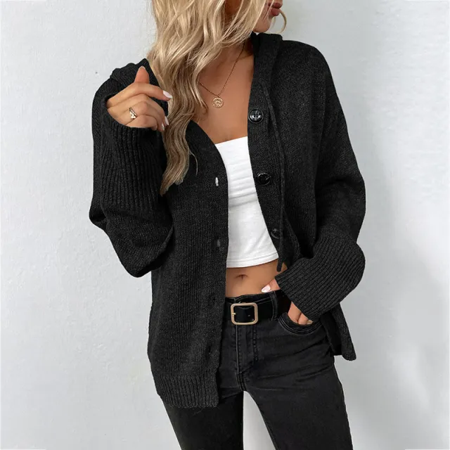 Ins Single breasted Hooded Sweater Women's Solid Color Cardigan Coat Clothing Black - Shop at LoveMi