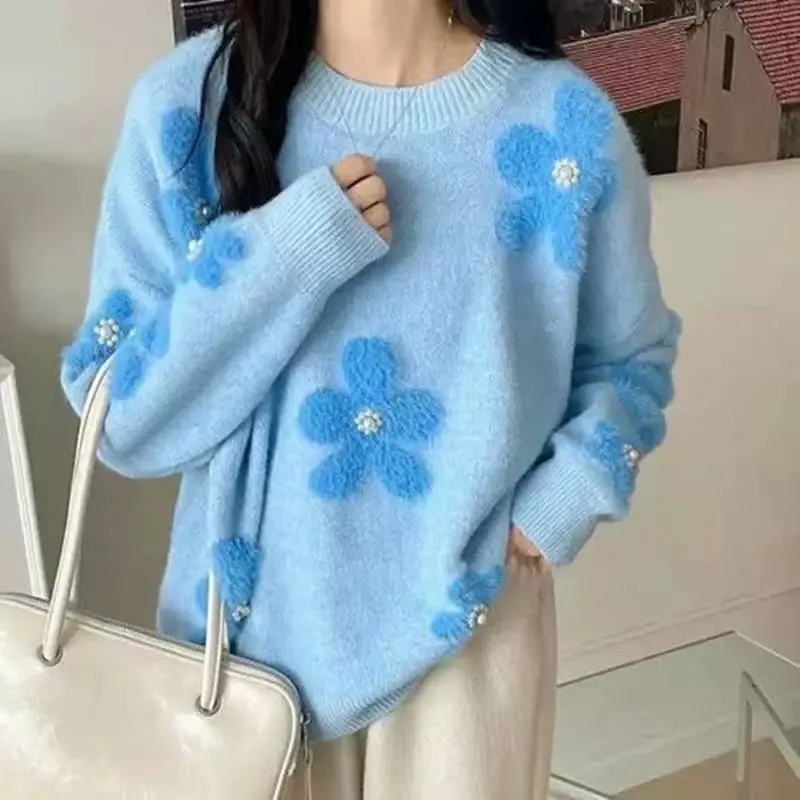 Women's Korean-style Flower Round Neck Sweater - Blue