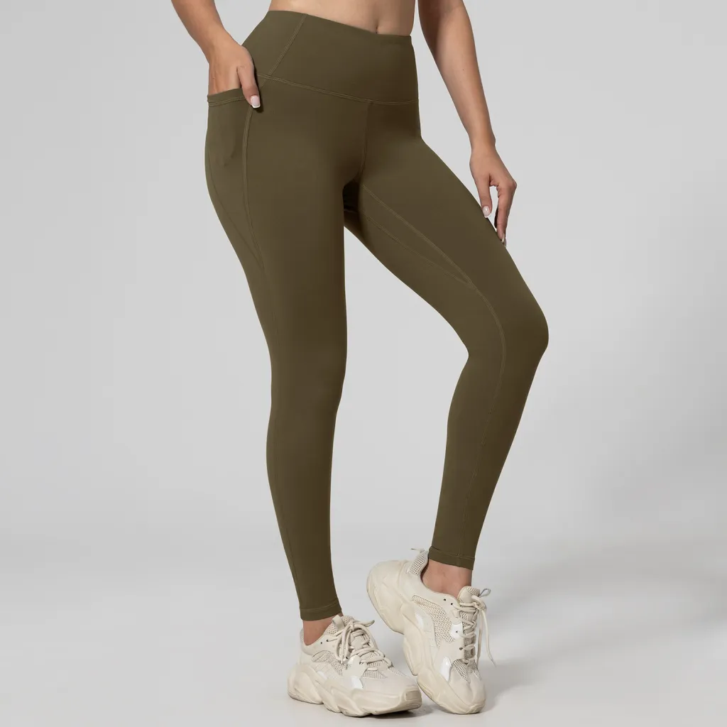 Running Leggings For Fitness Hip-lifting High-waisted With Pockets - Coffee