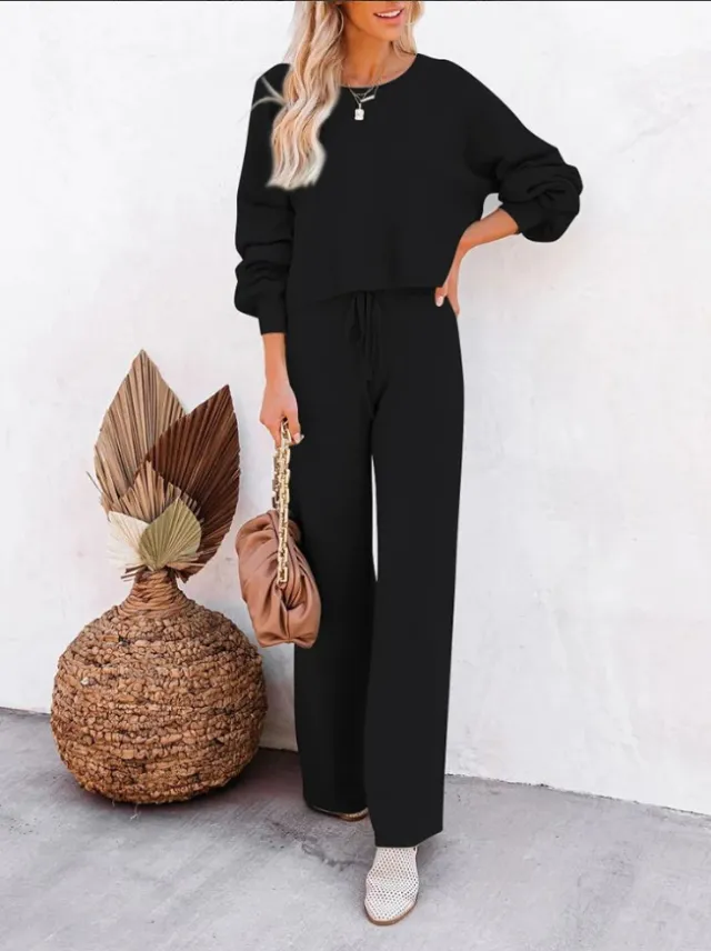 Casual Solid Color Long sleeved Trousers Two piece Set Black - Shop at LoveMi