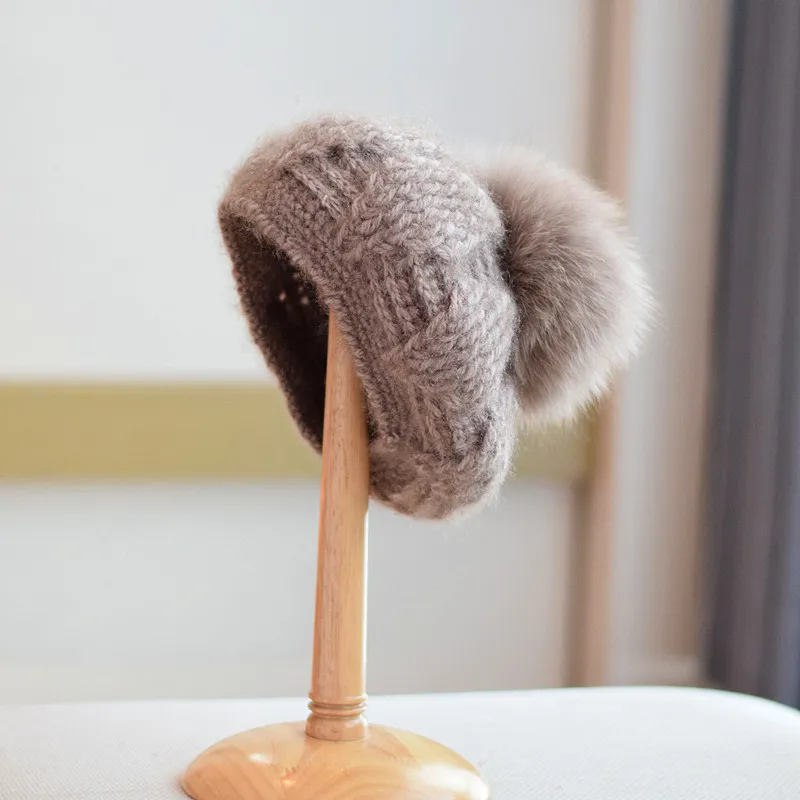 All-match Knitted Fox Velvet Woolen Cap For Women - Camel