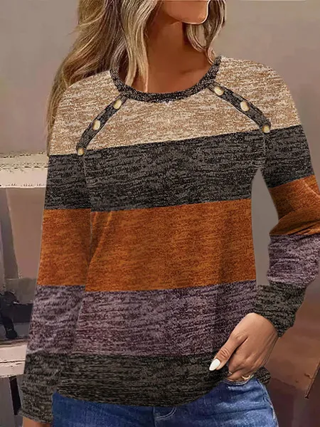 Color Block Printed Button Long Sleeve Round Neck T shirt Orange - Shop at LoveMi