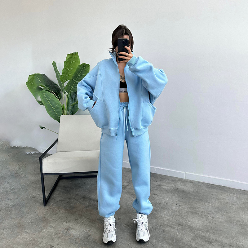 女装时尚休闲慵懒秋冬开衫拉链口袋束脚卫衣两件套