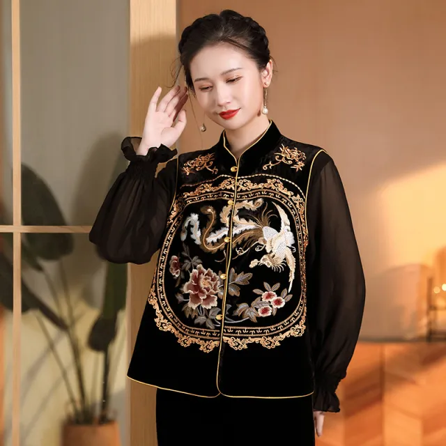 Women's Silk Velvet Embroidered Vest Sleeveless Stand Collar Tangzhuang Top Yellow - Shop at LoveMi