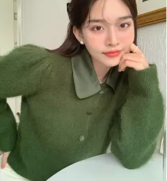 Retro French Elegant Silk Stitching Doll Collar Dehaired Angora Cardigan Sweater Coat For Women - Avocado Green - View 1