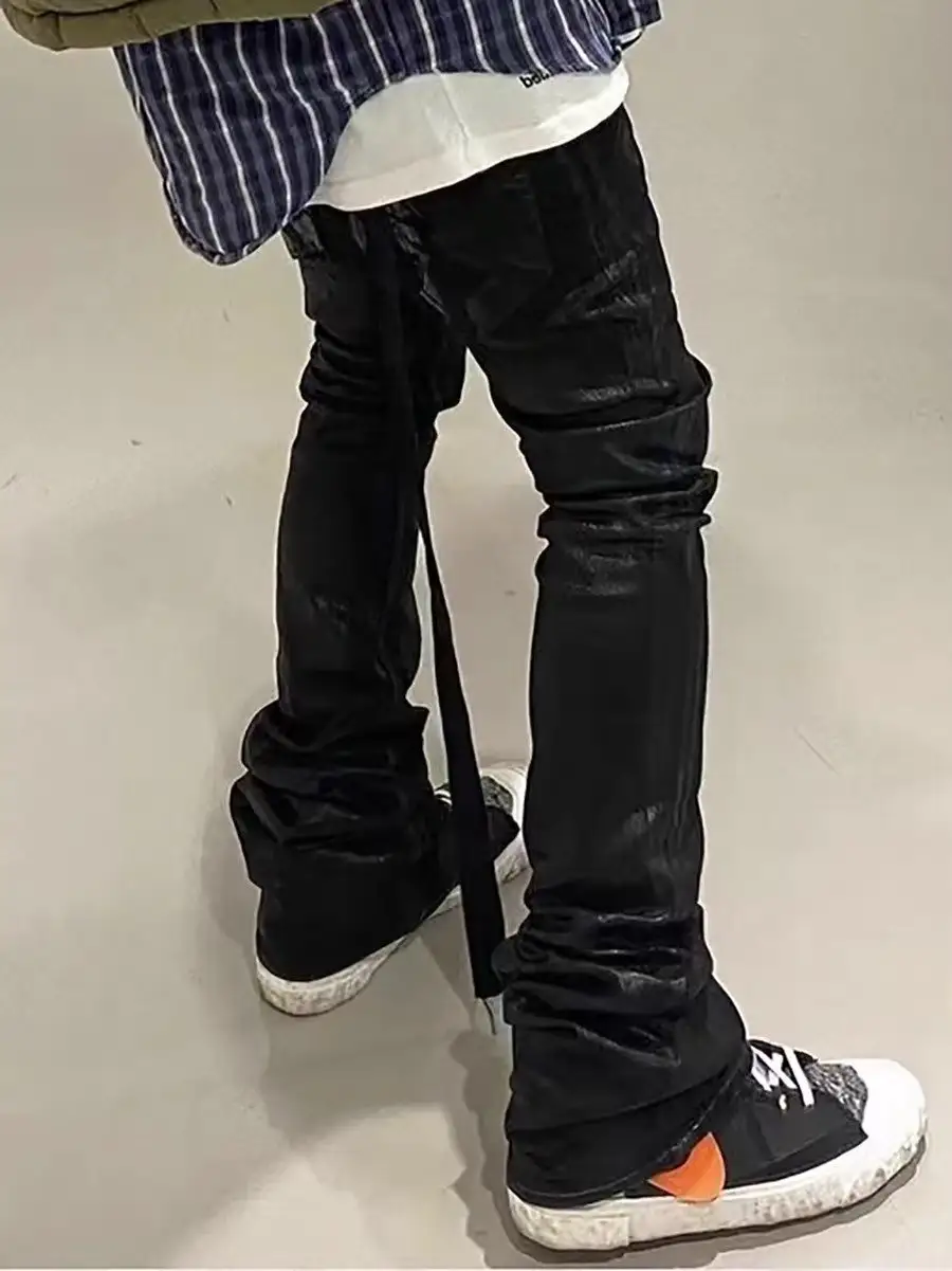 Leather Pants Men's Slim Jeans With Pleated Accumulation
