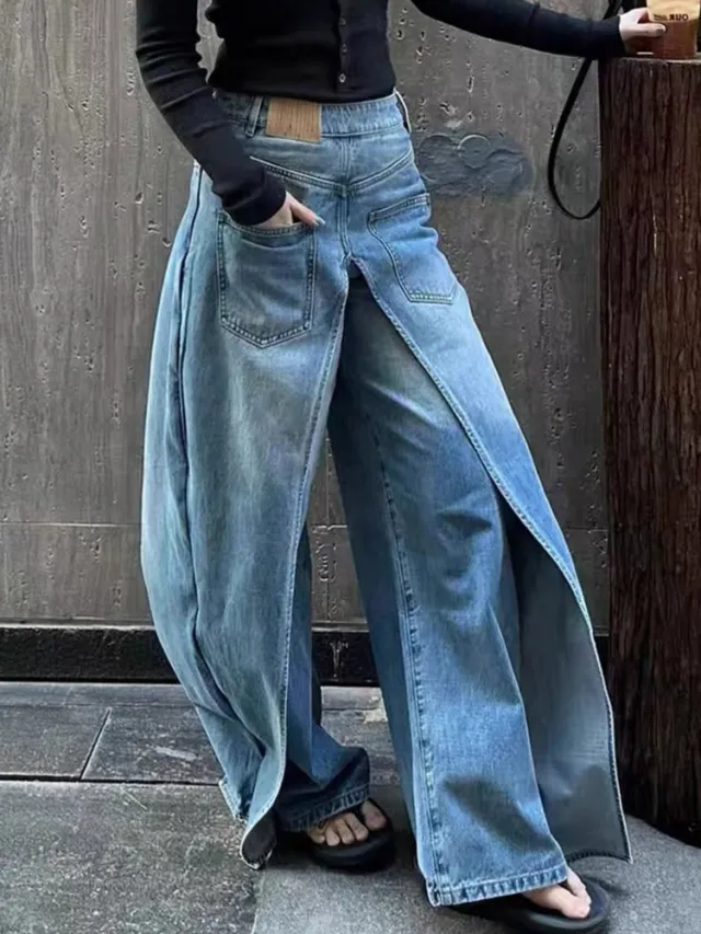 Y2g Waste Soil Wind Front And Back Wear Washed Loose Wide Leg Jeans Blue - Shop at LoveMi