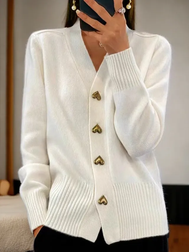 Heart Buckle Solid Color Knitted V neck Cardigan Loose Sweater For Women White - Shop at LoveMi