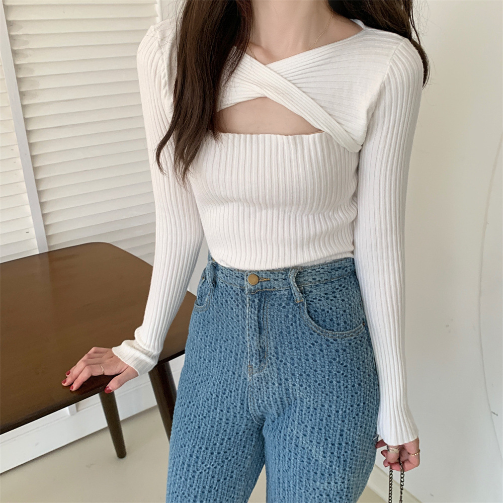 Women's Hollow out Long sleeved Knitted Sweater White - Shop at LoveMi