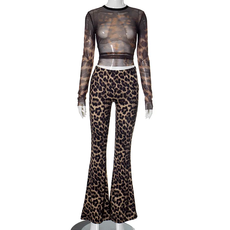 Spandex Graceful And Fashionable Leopard Print Two-piece Set For Women - Leopard