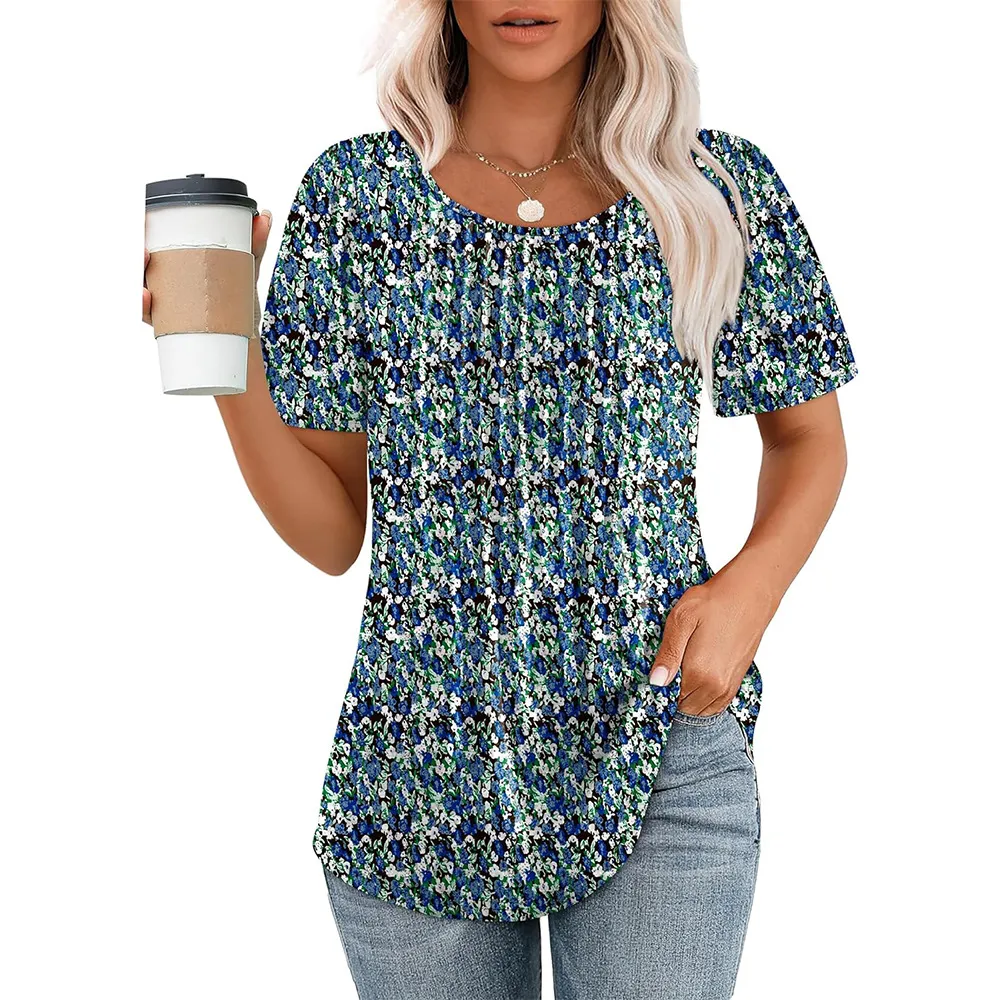 Pleated Round Neck Short-sleeved T-shirt Women's Top - Blue Pattern