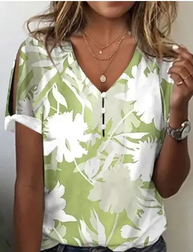 Women's Printed Comfort And Casual V-neck Buttons Short Sleeve