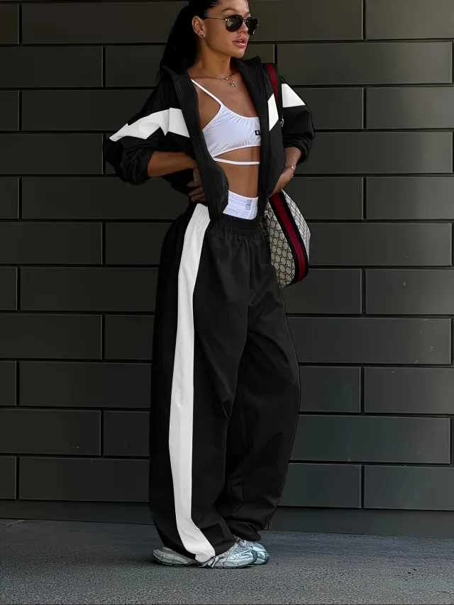 New Elastic Mid waist Trousers Plus Contrast Color Casual Top Fashion Women's Wear Summer Suit White - Shop at LoveMi