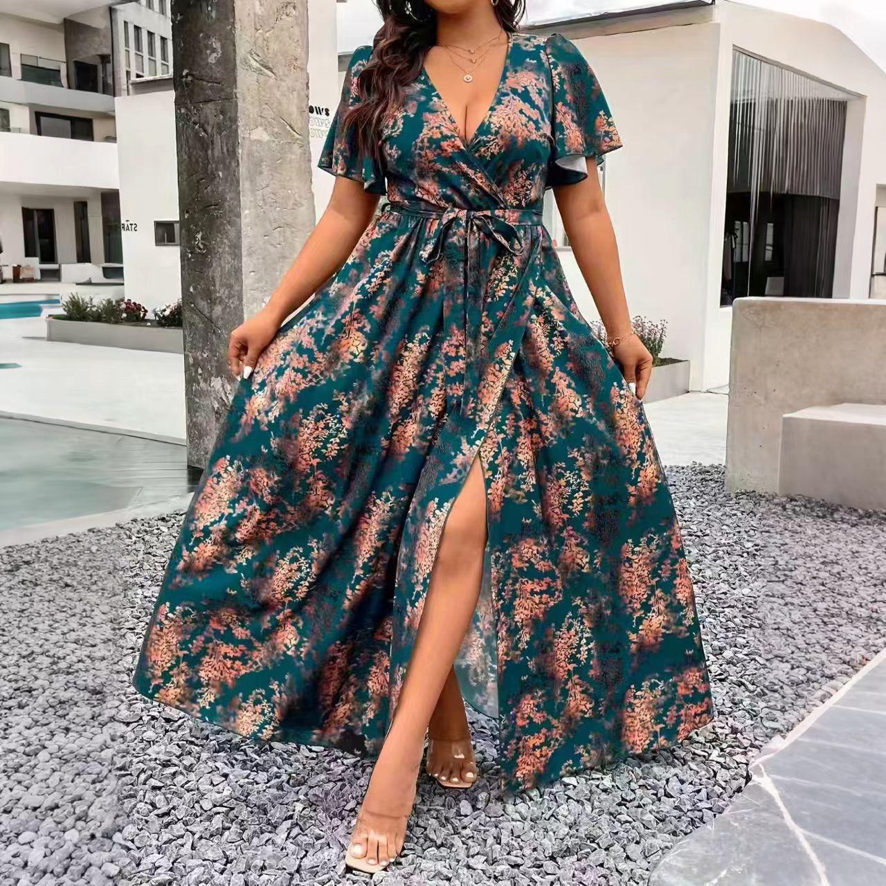 V-Neck Floral Wrap Dress With Flared Sleeves And Side Slit For Women