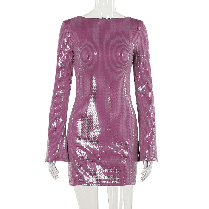 New Sexy Slim-fit Sequined Backless Long Sleeves Short Dress