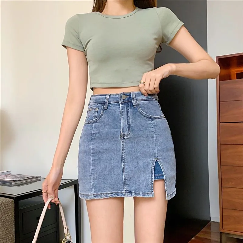 Slit Black Denim Skirt For Women - 8730 Blue Split Stretch Skirt