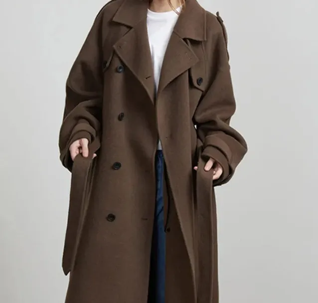 Loose Double Buckle Lapel Long Overcoat Outerwear Brown Coat - Shop at LoveMi