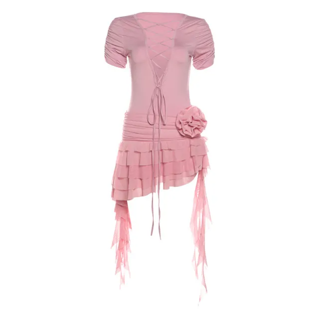 Unique Design Deep V Lace up Irregular Dress Women Pink - Shop at LoveMi