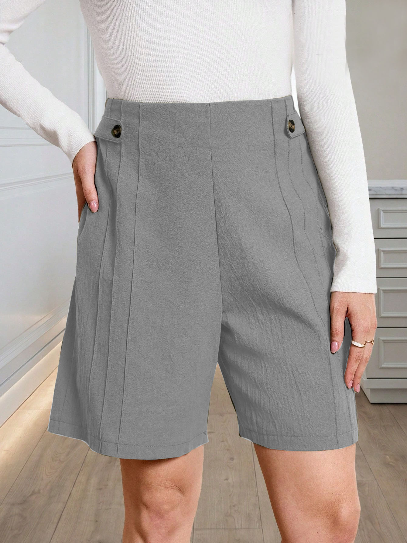 Breathable Linen Blend Mid-Waist Button Shorts for Women