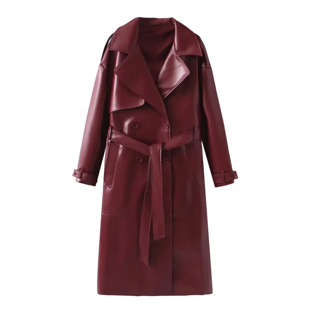 Women's Clothing French Fashion Design Sense Minority All-match Casual Extended Leather Coat - Red