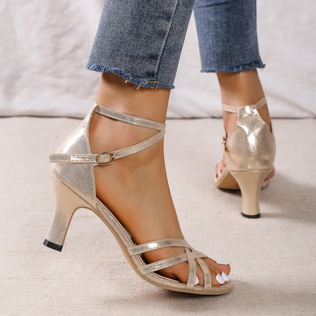 Women's Fashion Stiletto Heel Cross Strap Sandals - Gold