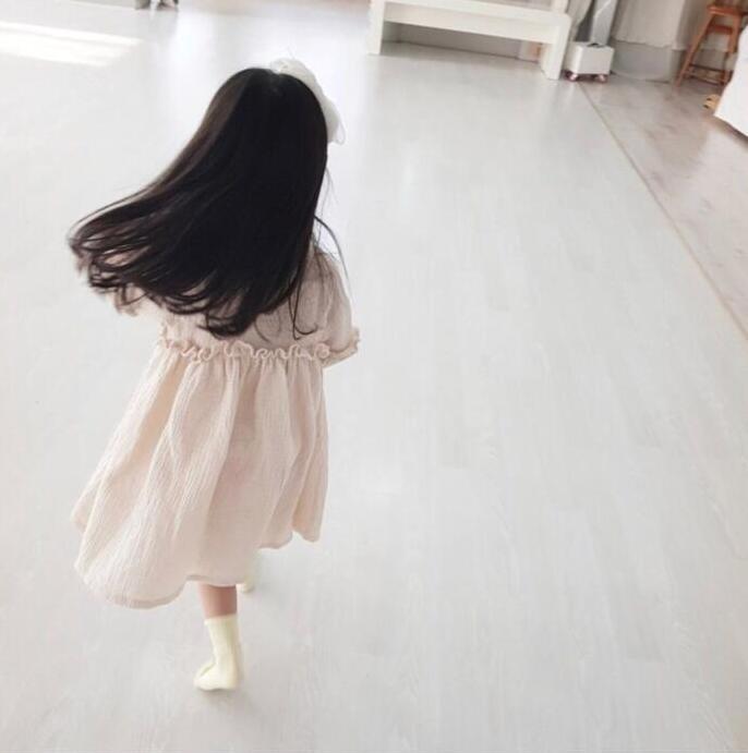 Girls' Cotton And Linen Bubble Long Sleeve Korean Style Dress