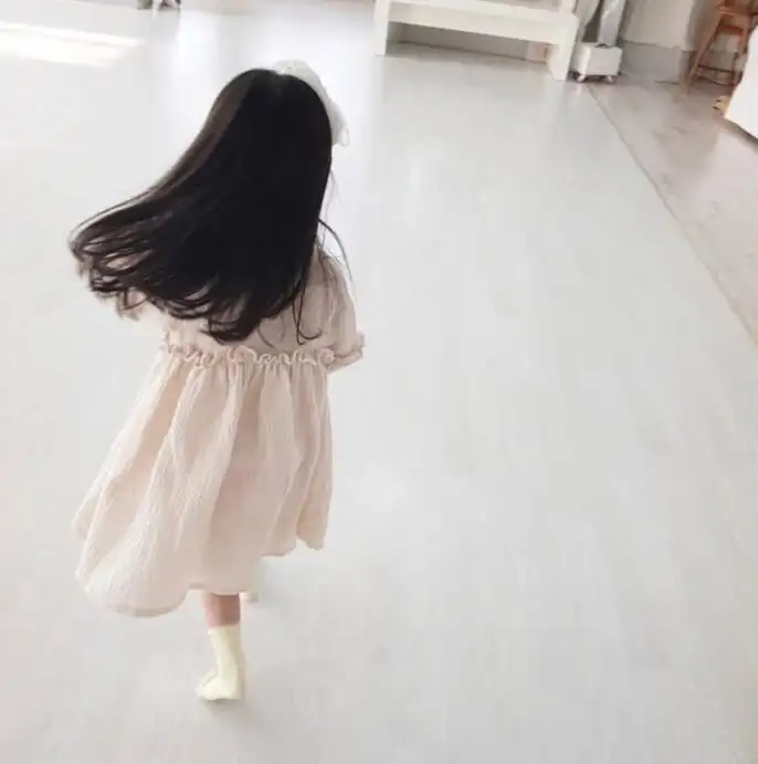 Girls' Cotton And Linen Bubble Long Sleeve Korean Style Dress