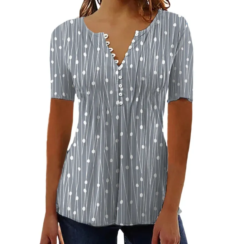 European And American Spring And Summer V-collar Polka Dot Short Sleeve - Gray