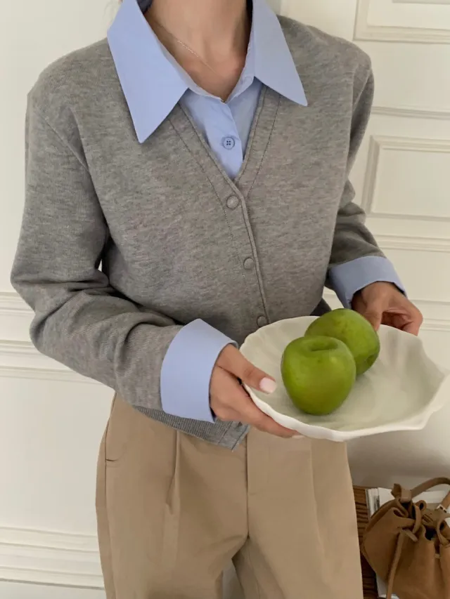 Autumn Winter False two piece Shirt Stitching Sweater Female Commute Style Gray - Shop at LoveMi