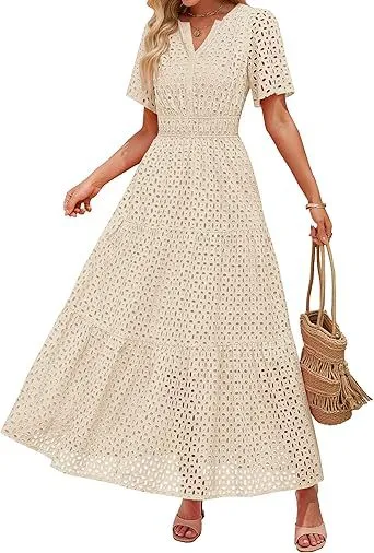 V-neck Hollow Pleated Short Sleeves Long Dress - Beige