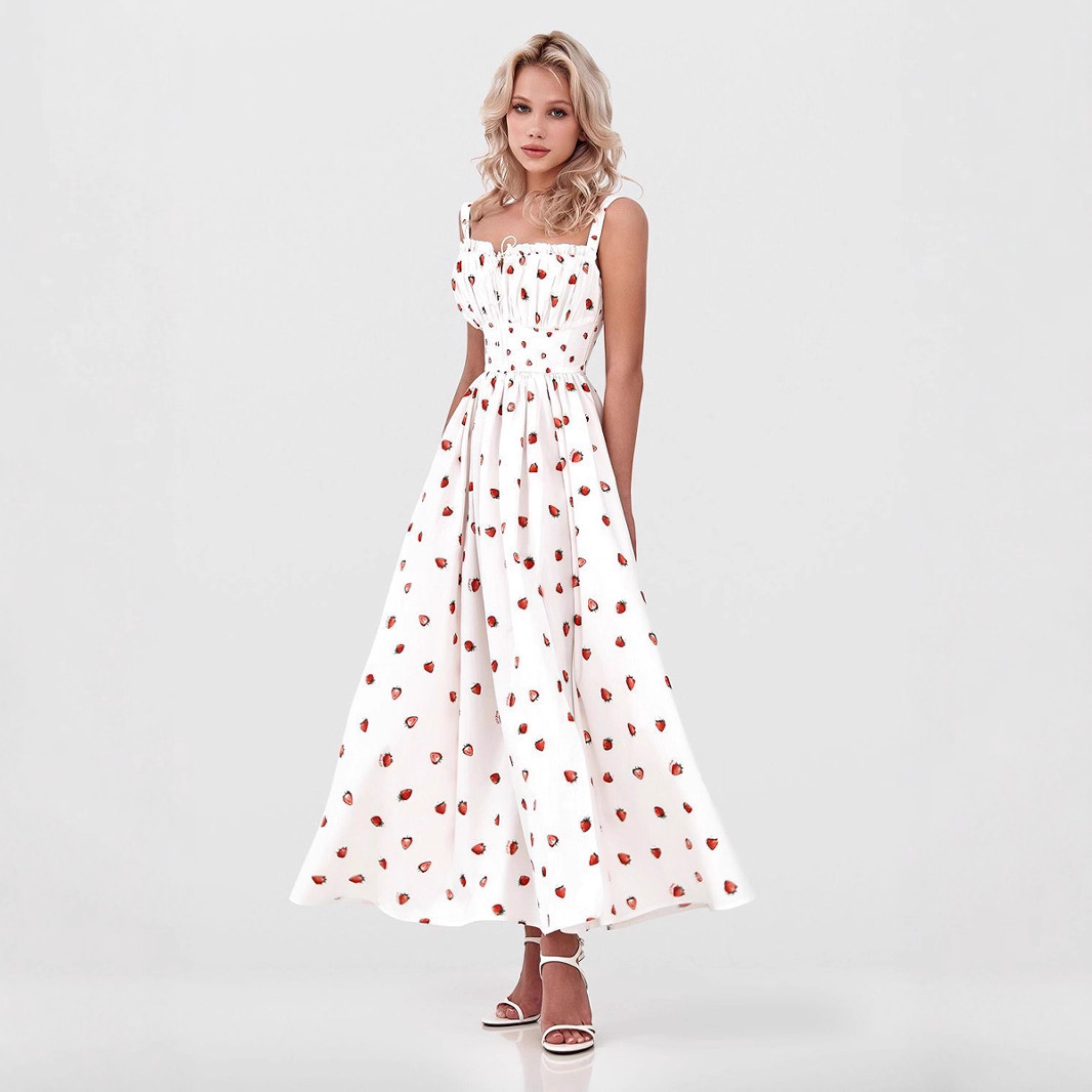 Low Collar Tied High Waist Split High Waist Printed Dress