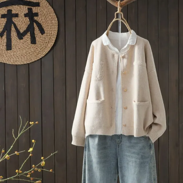 Autumn And Winter Long sleeved Knitted Sweater With Button Pocket Outerwear Apricot - Shop at LoveMi