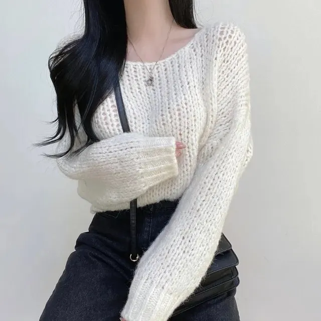 Simple Pullover Drop shoulder Sleeve Loose Thick Knit Knitwear Beige - Shop at LoveMi