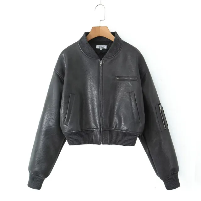 Stand Collar Zipper Short Baseball Uniform Jacket Top Gray - Shop at LoveMi