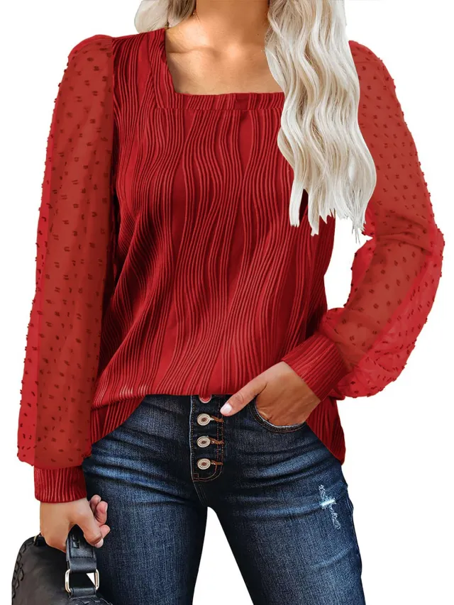 Water Ripple Women's Fashion Casual Long Sleeve Top Wine - Shop at LoveMi