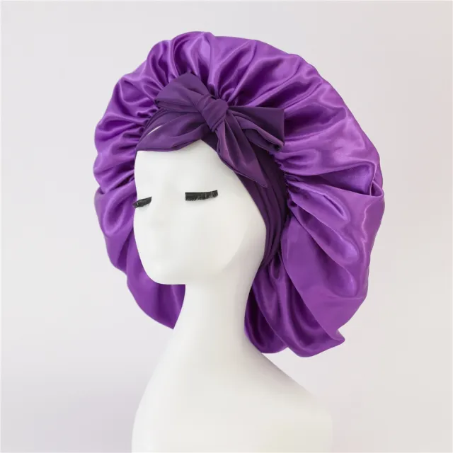 Satin Ribbon Round Bow Elastic Nightcap Dark Purple - Shop at LoveMi