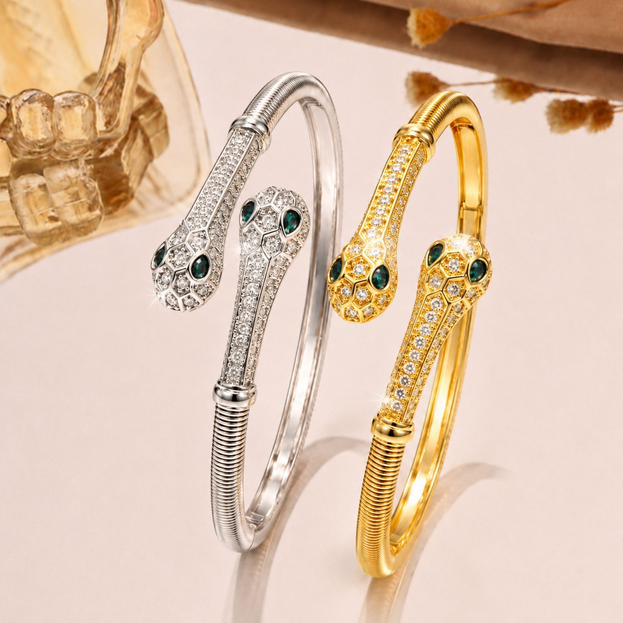 Light-luxury Fully Diamond-encrusted Double-headed Serpent Bracelet