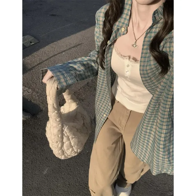 Early Spring New Blue Color Plaid Shirt For Women White - Shop at LoveMi