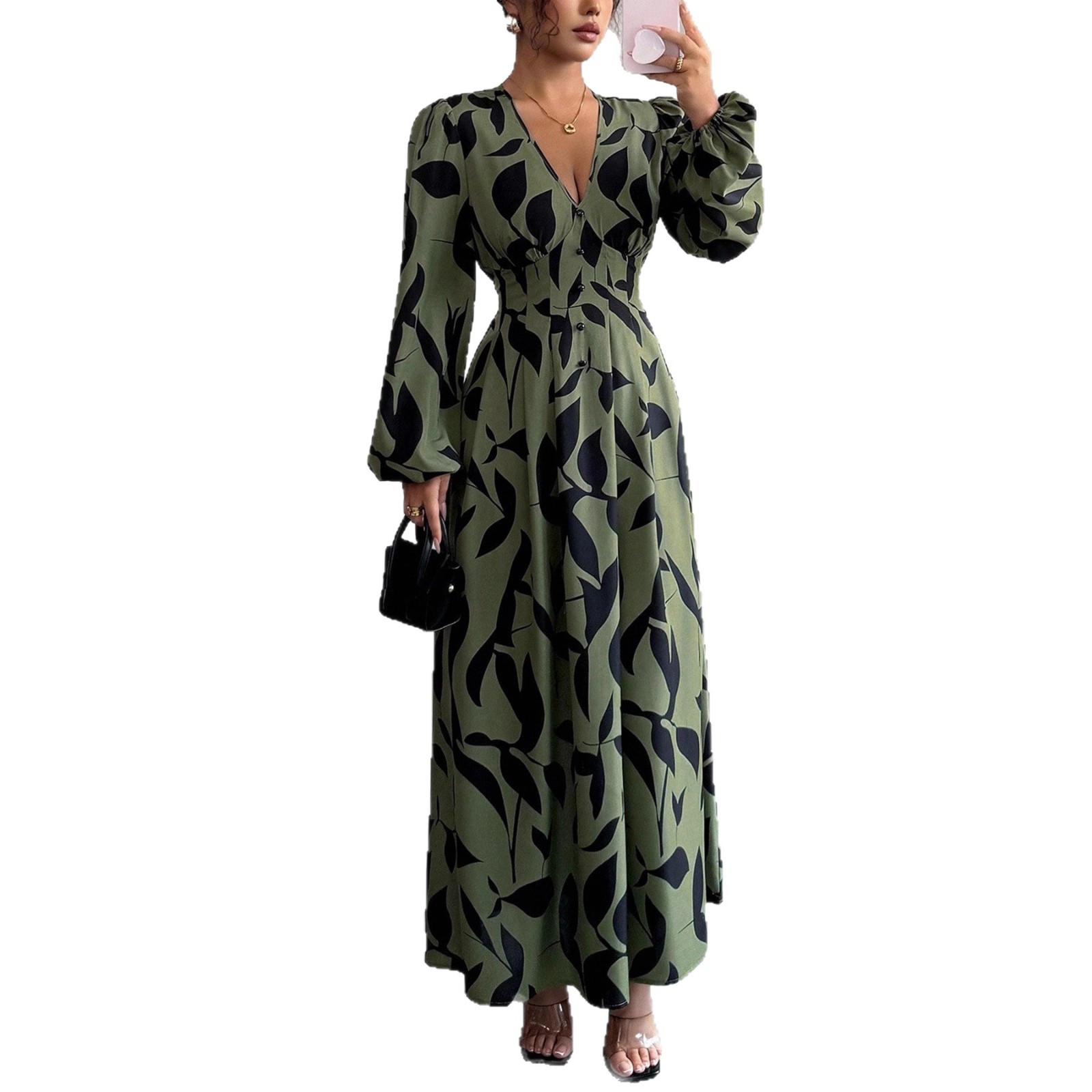 Women's V neck Long Sleeve High Waist Dress Vacation Style Leaf Print Green - Shop at LoveMi