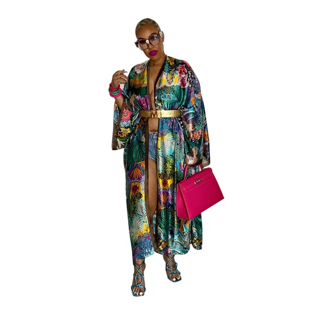 Kimono Silk like Multi print Coat Green - Shop at LoveMi