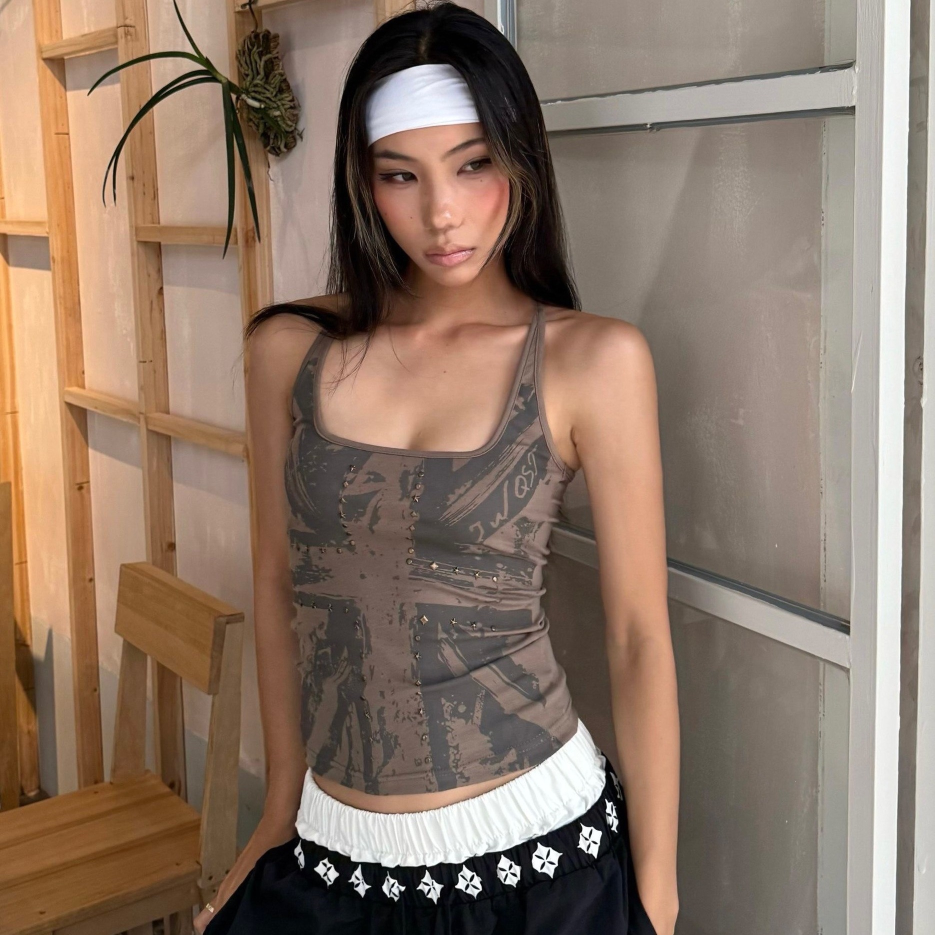 Cross-printed Studded Halter Vest Figure-hugging Sexy Sleeveless Top 62589679 0087 4668 96a8 E693b46057ae